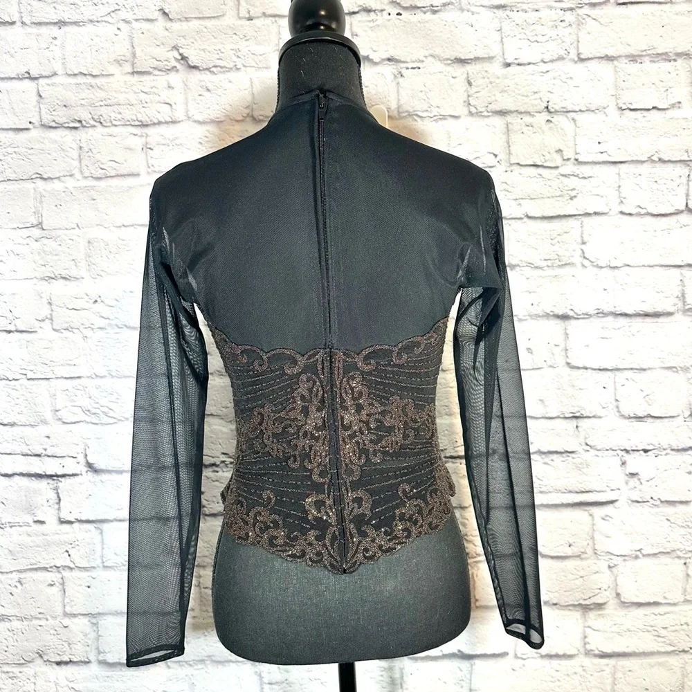 Tadashi Shoji Floral Embroidered Beaded Sheer Top Bodice Size Medium